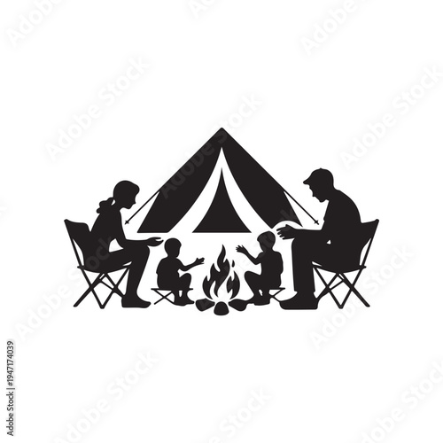 Black Colour Camping Family Silhouette Solid White Background (5).eps