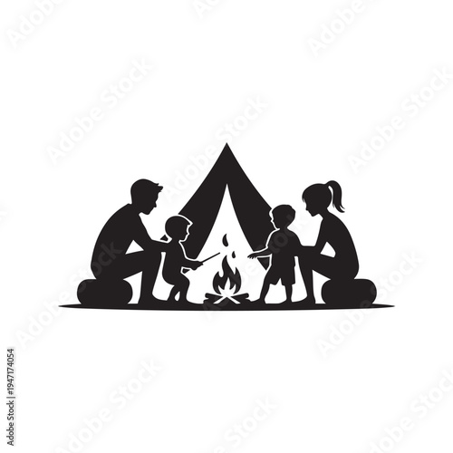 Black Colour Camping Family Silhouette Solid White Background (6).eps