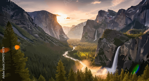 Yosemite Valley Sunset Landscape with Bridalveil Fall