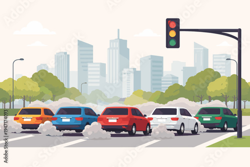 Vector illustration of cars emitting thick smoke and exhaust pollution while waiting at a red traffic light in a modern city, highlighting environmental issues, smog, and carbon emissions in urban