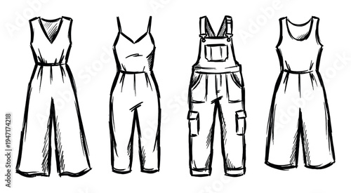 Hand-drawn collection of various fashionable women's jumpsuits and overalls, showcasing different styles and designs.