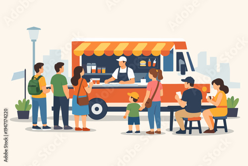 People waiting in line to buy street food from a modern food truck vector illustration. Customers queueing for burgers and drinks at a mobile kitchen in the city park during a sunny daytime.