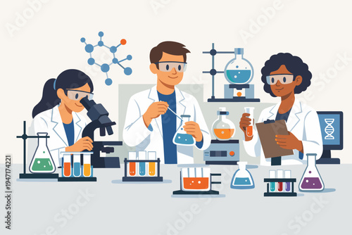 Diverse team of professional scientists conducting research in a modern laboratory with equipment like microscopes, beakers, and test tubes for chemical analysis and scientific experiments.
