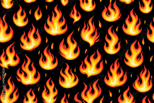 Seamless Fire Flame Pattern on Black Background. Simple Flat Vector Illustration of Burning Heat and Energy. Vibrant Orange and Yellow Blazing Flames for Graphic Design, Wallpaper, and Texture.