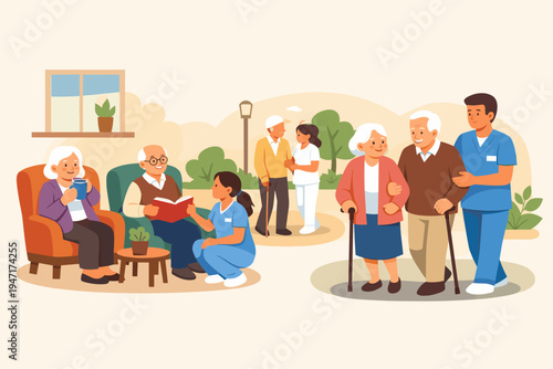Elderly People Resting and Walking with Nurses in a Nursing Home Illustration. Senior Citizens Enjoying Retirement Life with Professional Caregivers in a Flat Vector Style Assisted Living Facility.