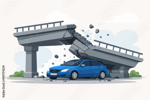 Flat vector illustration of a blue sedan car crushed under a collapsed concrete elevated bridge. Disaster scene depicting infrastructure failure, falling debris, and emergency accident situation.