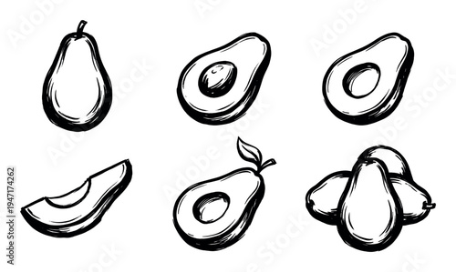 Various hand-drawn style illustrations of fresh avocados, including whole fruits, halves with pits, and a sliced piece, depicting healthy eating.