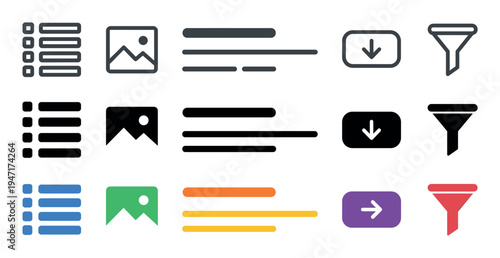 Diverse collection of user interface icons including lists, image placeholders, text, download, and filter symbols is displayed in various styles.