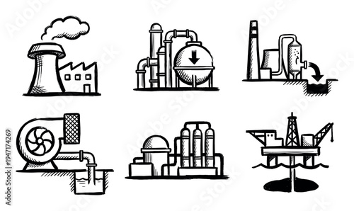 Collection of hand-drawn style illustrations depicting various industrial facilities, including factories, processing plants, and an offshore oil rig, representing energy and production.