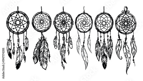 Collection of detailed hand-drawn dreamcatchers adorned with various feathers and intricate web patterns.