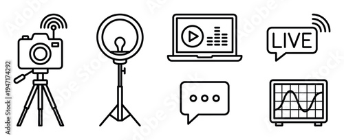 Collection of outline icons representing live streaming, video production, and online communication elements.