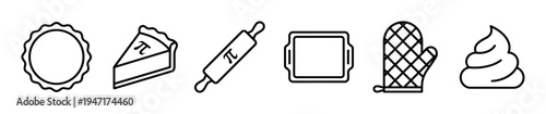 Set of baking and pie-making icons including a pie crust, a slice of pie, a rolling pin, a baking tray, an oven mitt, and whipped cream.