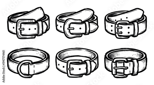 Set of six hand-drawn leather belts with various buckle designs, depicted in a classic sketch style.