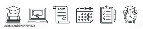 Comprehensive set of linear icons representing various aspects of education, academic achievements, exam preparation, and study planning.