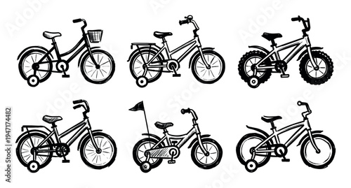 Collection of six hand-drawn children's bicycles with training wheels, depicted in a classic sketch style.