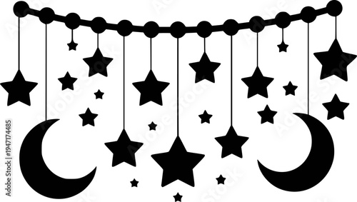 Black Crescent Moon and Stars Hanging Mobile Decoration White Background night celestial