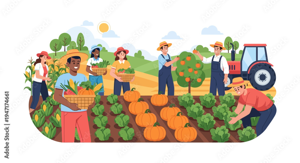 Fototapeta premium Diverse Farm Team Harvesting Fresh Organic Produce. Agricultural Workers Collecting Vegetables and Fruits in a Sunny Field Illustration.