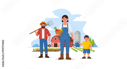 Happy Farmer Family Illustration. Parents and Son Working on Rural Farm, Holding Fresh Produce Bowl, Pitchfork, and Watering Can.