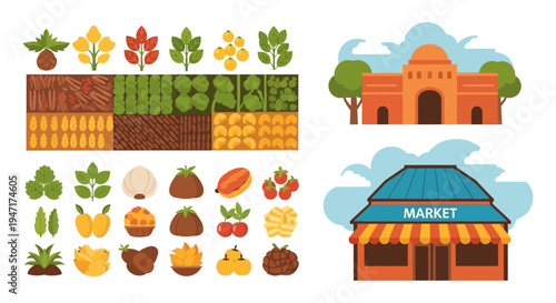 Flat Vector Set of Agriculture Elements, Cultivated Crops, Fresh Produce, Farm Buildings, and Local Market Icons Collection