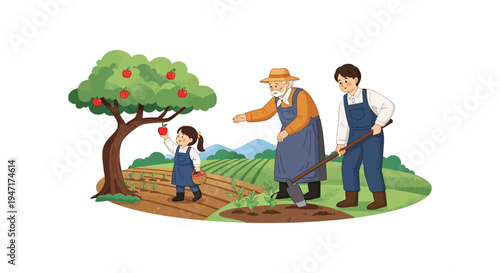 Multi-Generational Family Farming: Grandfather, Son, and Child Working in the Apple Orchard and Field, Teaching Agricultural Heritage.