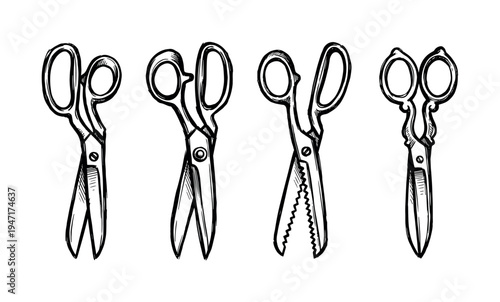 Set of hand-drawn vintage scissors illustrations showcasing different styles and types of cutting tools.