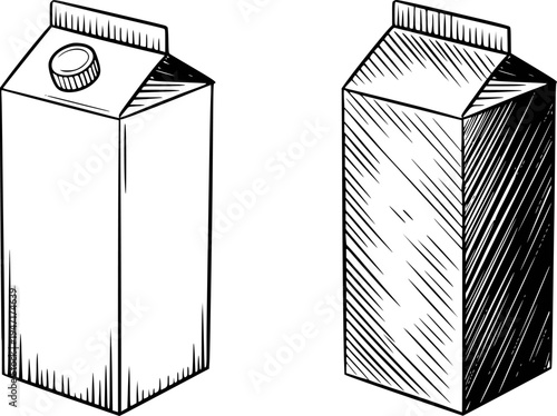 Black and white line of milk cartons with a cap and without drink beverage