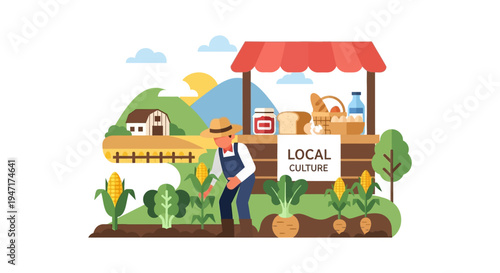 Local Culture Farm Stand Illustration: Farmer Tending Organic Crops for Farmers Market Produce Sales and Sustainable Agriculture