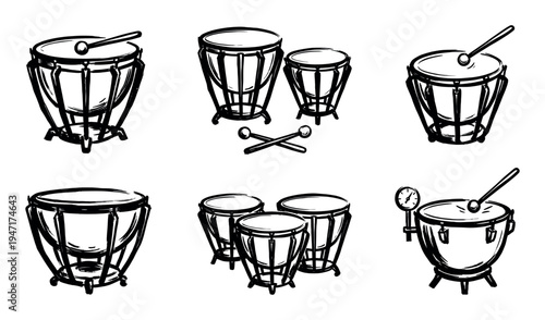 Hand-drawn sketch illustrations of various timpani drums and mallets, essential percussion instruments for orchestral music.