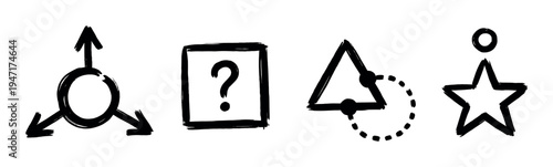 Set of hand-drawn brush stroke icons representing movement, questions, transformation, and favorites for creative design.