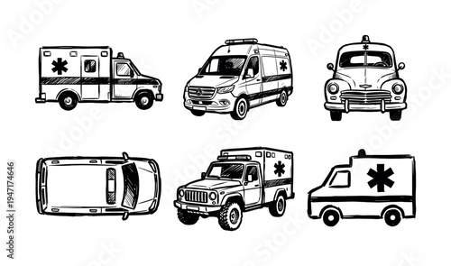 Six different hand-drawn illustrations of ambulance vehicles ready for emergency medical services.