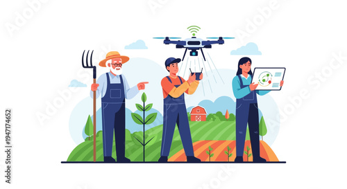 Smart Farming and Precision Agriculture Concept: Multi-generational team of farmers using drones for crop monitoring and digital data analysis.