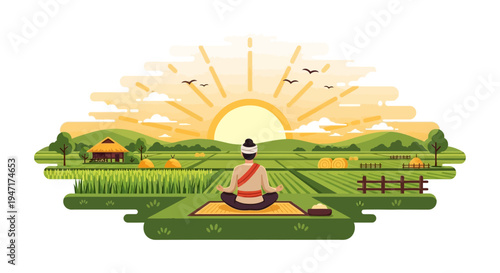 Sunrise Meditation in Rice Paddies. Flat vector illustration of a person practicing yoga in serene Asian farmland, symbolizing peace and connection to nature.