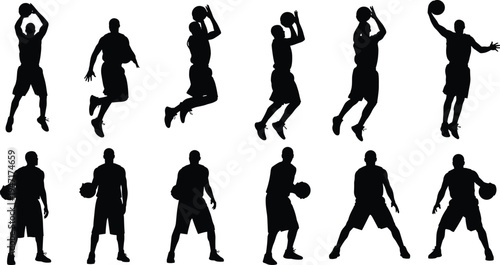 Basketball player silhouettes collection, athletes dribbling shooting and jumping with ball, sport action poses vector illustration isolated on white