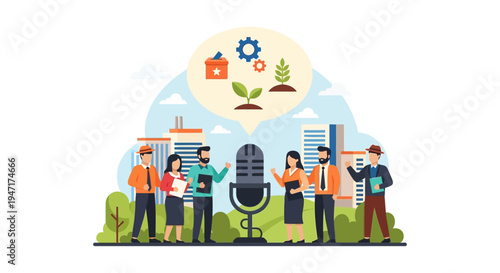 Public Policy and Business Growth Podcast. Team discussing sustainability, politics, and economic development near city skyscrapers.