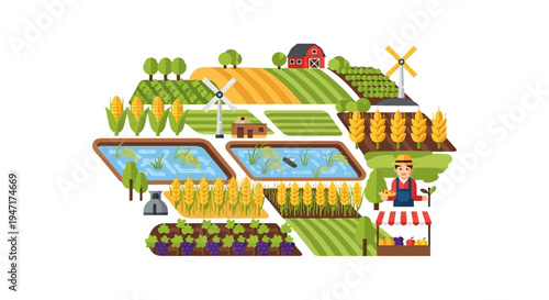 Diversified Farm Landscape Illustration: Sustainable Agriculture Ecosystem with Crops, Rice Paddies, Barn, Windmill, and Farmer Selling Produce.
