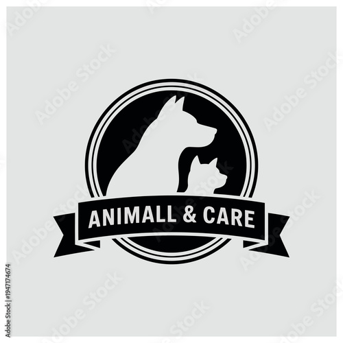 Black and white logo featuring a dog and cat silhouette within a circular emblem, with a banner below reading 'ANIMALL & CARE', set against a light gray background.