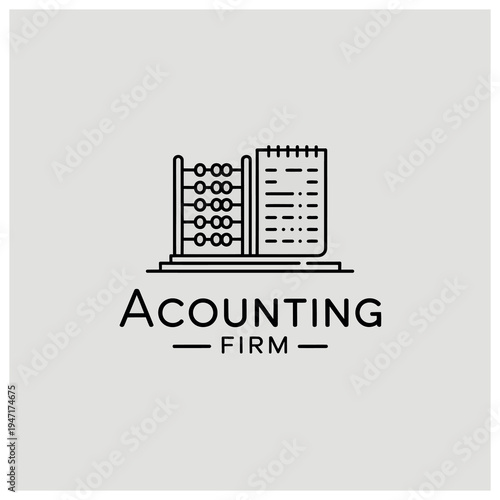 Minimalist line art logo for an accounting firm featuring an abacus and a stack of financial documents on a light grey background.