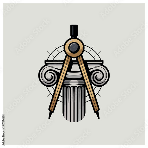 Illustration of a drawing compass overlaid on a classical Ionic column capital with a geometric background.