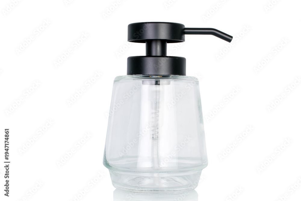 Obraz premium Plastic soap dispenser bottle, close-up, isolated on white background.