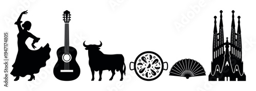 Vibrant collection of iconic Spanish cultural symbols featuring a flamenco dancer, traditional guitar, powerful bull, delicious paella, elegant fan, and a grand cathedral.
