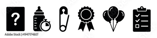 Collection of black silhouette icons representing baby shower and celebration themes, including a question mark, baby bottle, safety pin, award ribbon, balloons, and a checklist.
