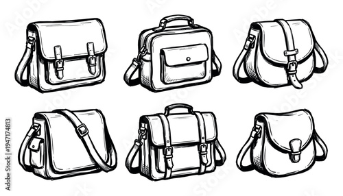 Hand-drawn collection of various messenger bags and satchels with buckles and straps, showcasing different styles and designs.