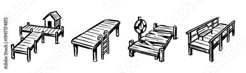 Collection of four different hand-drawn wooden pier and dock illustrations in a rustic sketch style.