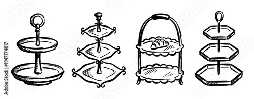Artistic hand-drawn sketch illustration of various tiered serving stands, perfect for displaying desserts and appetizers.