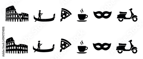 Collection of iconic black silhouette symbols representing various aspects of Italian culture and travel.