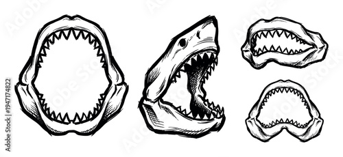 Collection of hand-drawn shark jaws with sharp teeth, illustrating predatory marine life and the raw power of the ocean.