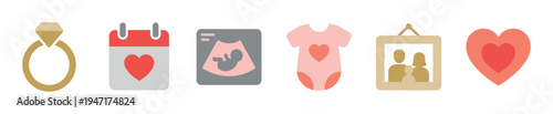 Collection of flat design icons representing love, marriage, pregnancy, and family milestones, including a ring, calendar, ultrasound, and baby clothes.