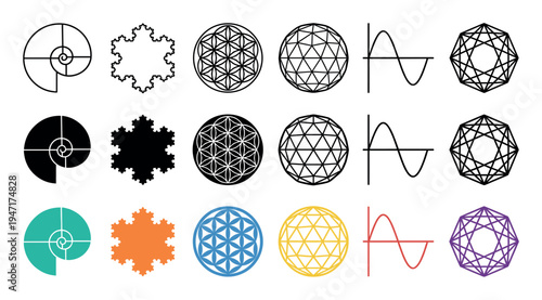Collection of colorful and black and white mathematical and sacred geometry patterns, including fractals, spirals, and geometric shapes, representing science and art.