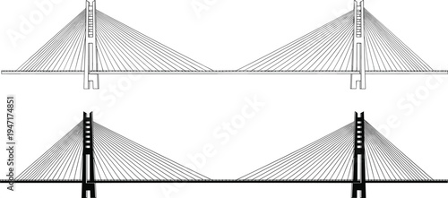 cable stayed bridge vector illustration, modern suspension bridge structure design, transportation architecture landmark silhouette, engineering infrastructure bridge set