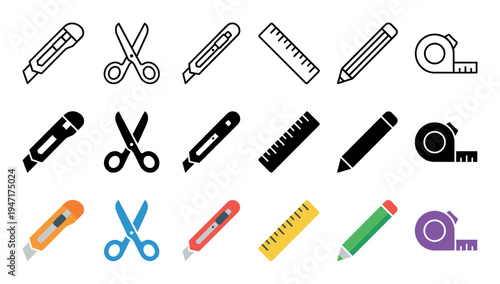 Various stationery and craft tools presented as a comprehensive collection of outline, solid, and colorful icons.
